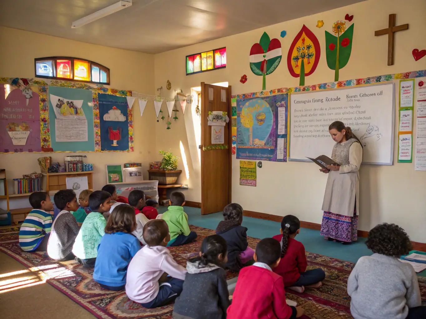 A classroom setting where children are learning about the history of the cathedral through interactive activities and storytelling. The atmosphere is engaging and educational.
