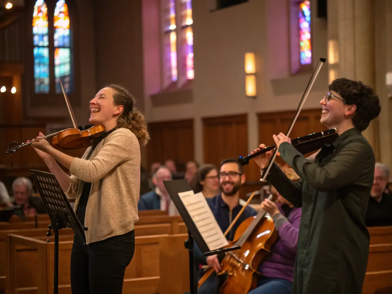 A vibrant image of a cultural event hosted at Senez Cathedral, showcasing musicians performing in the foreground with the cathedral's interior as a stunning backdrop.