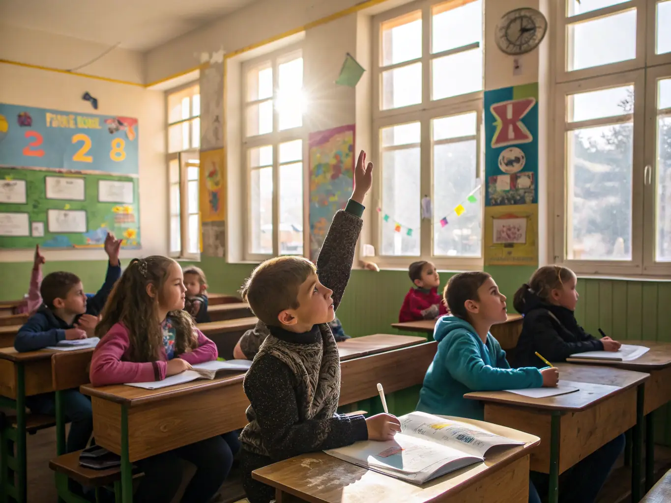 A classroom setting with children participating in an educational program about the history and significance of the Senez Cathedral.