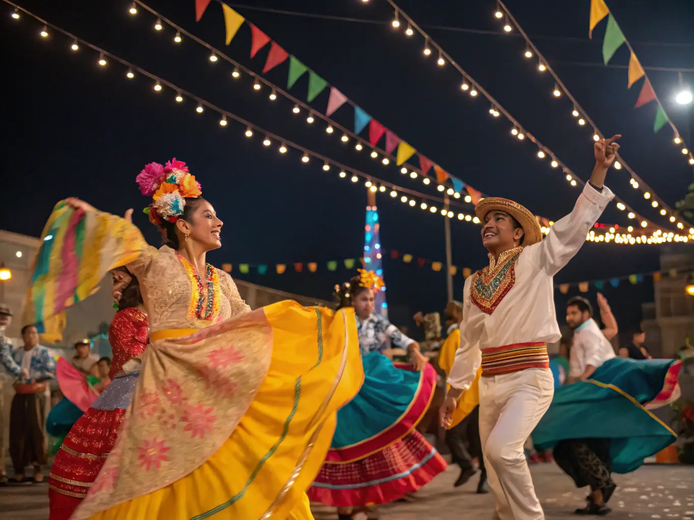 A vibrant scene from a cultural event held within the cathedral grounds, featuring musicians, performers, and attendees enjoying the festivities. The cathedral provides a stunning backdrop for the event.
